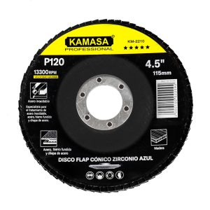 Disco flap 4.5″ (115MM) P120 conico zirconio azul P/inox ***** KAMASA